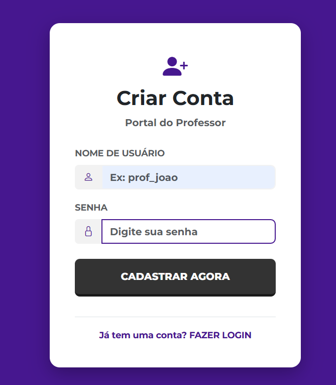 Tela de criação de conta do professor