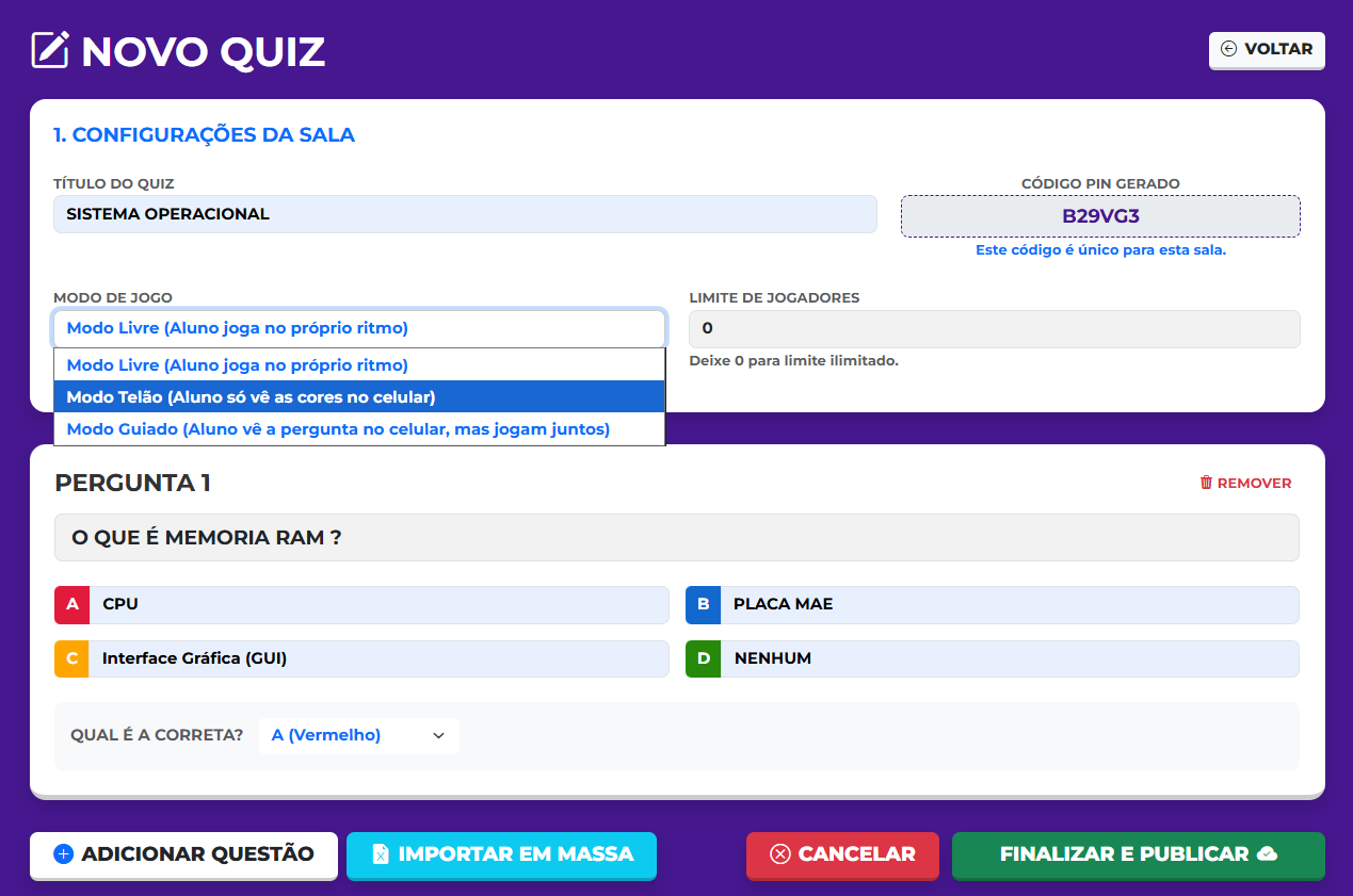 Interface de criação de novo quiz e perguntas