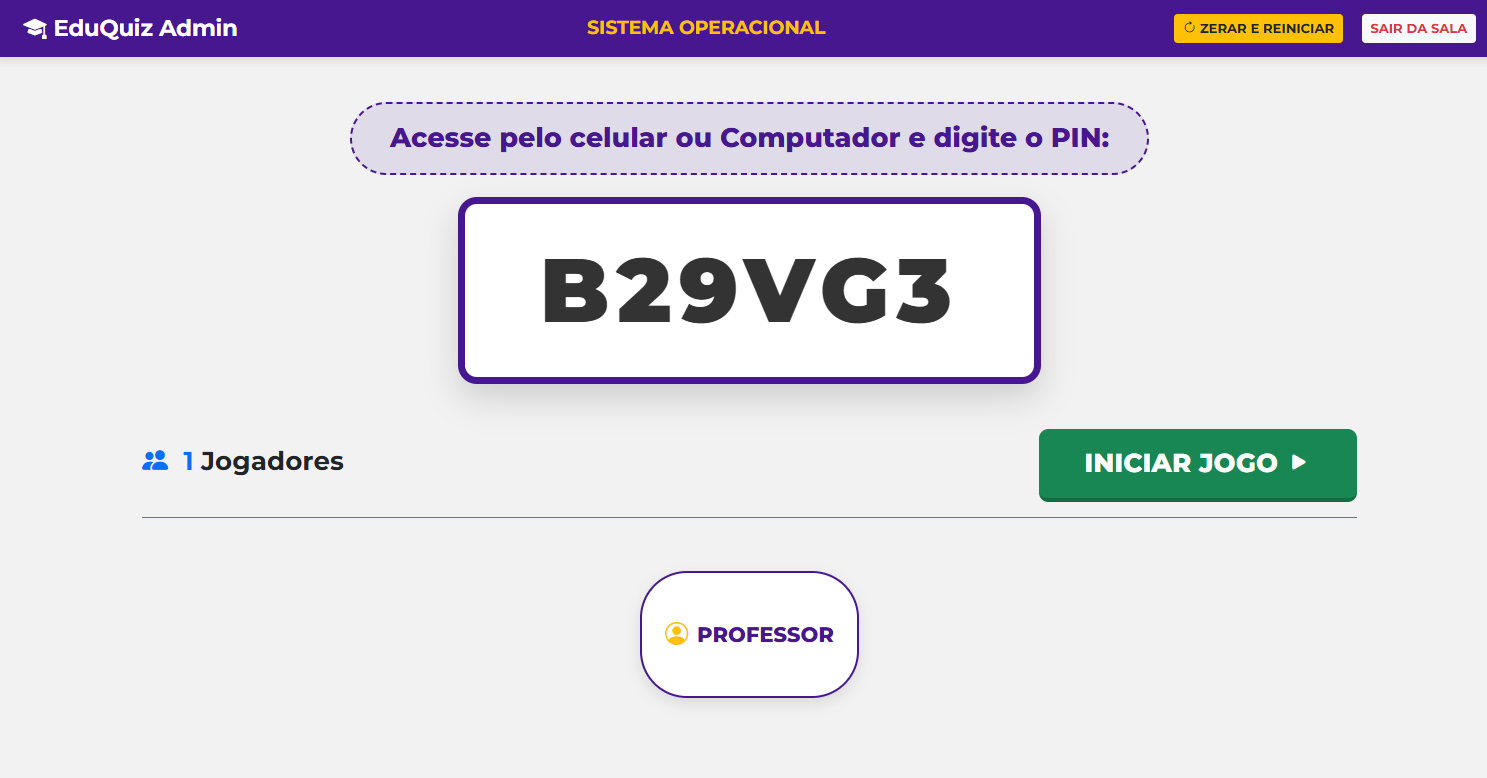 Sala de espera do professor com o PIN exibido