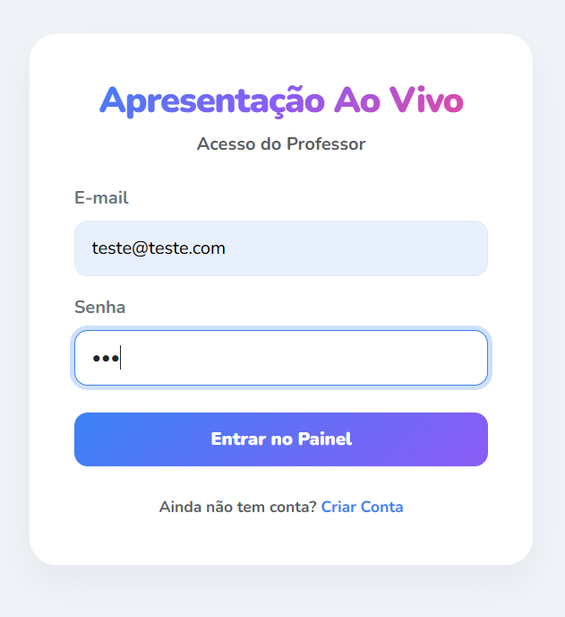 Ecrã de Login do Professor
