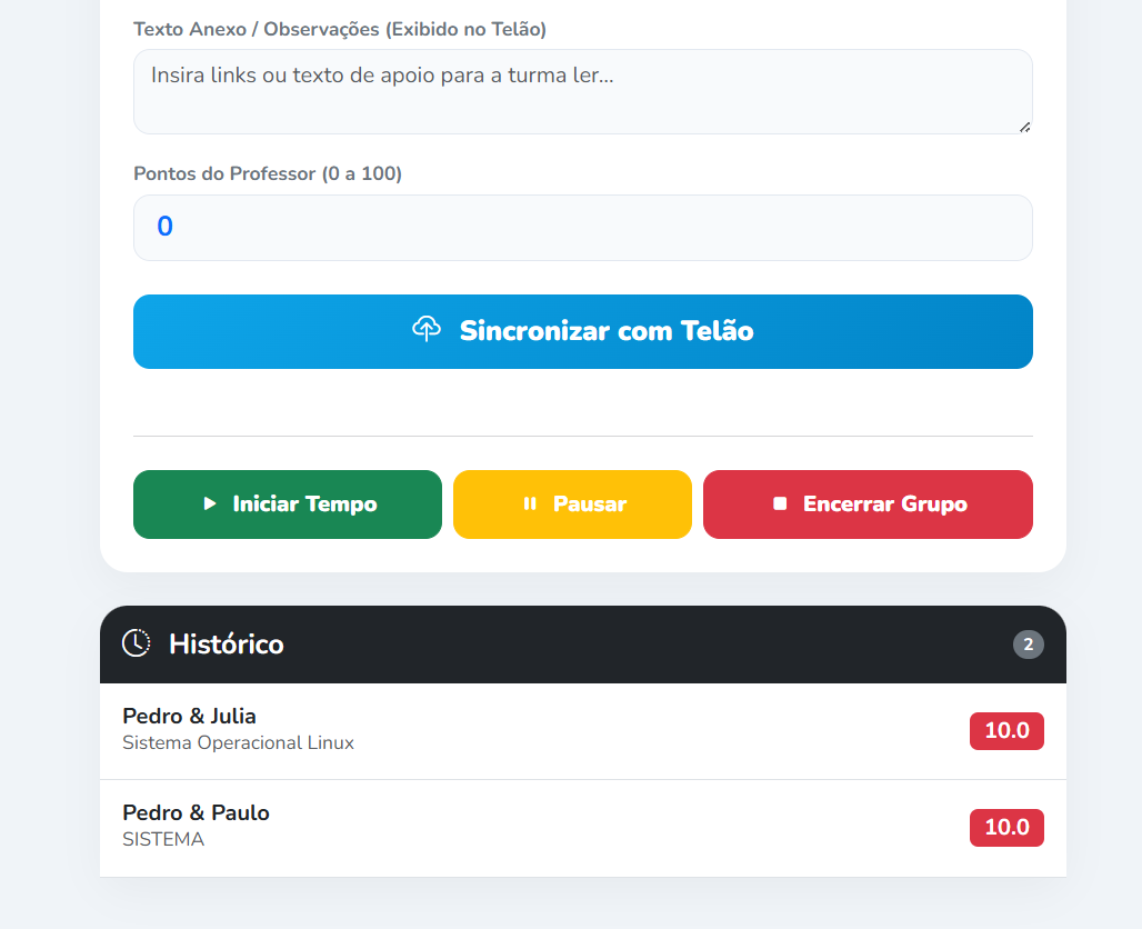 Botões de Ação e Histórico