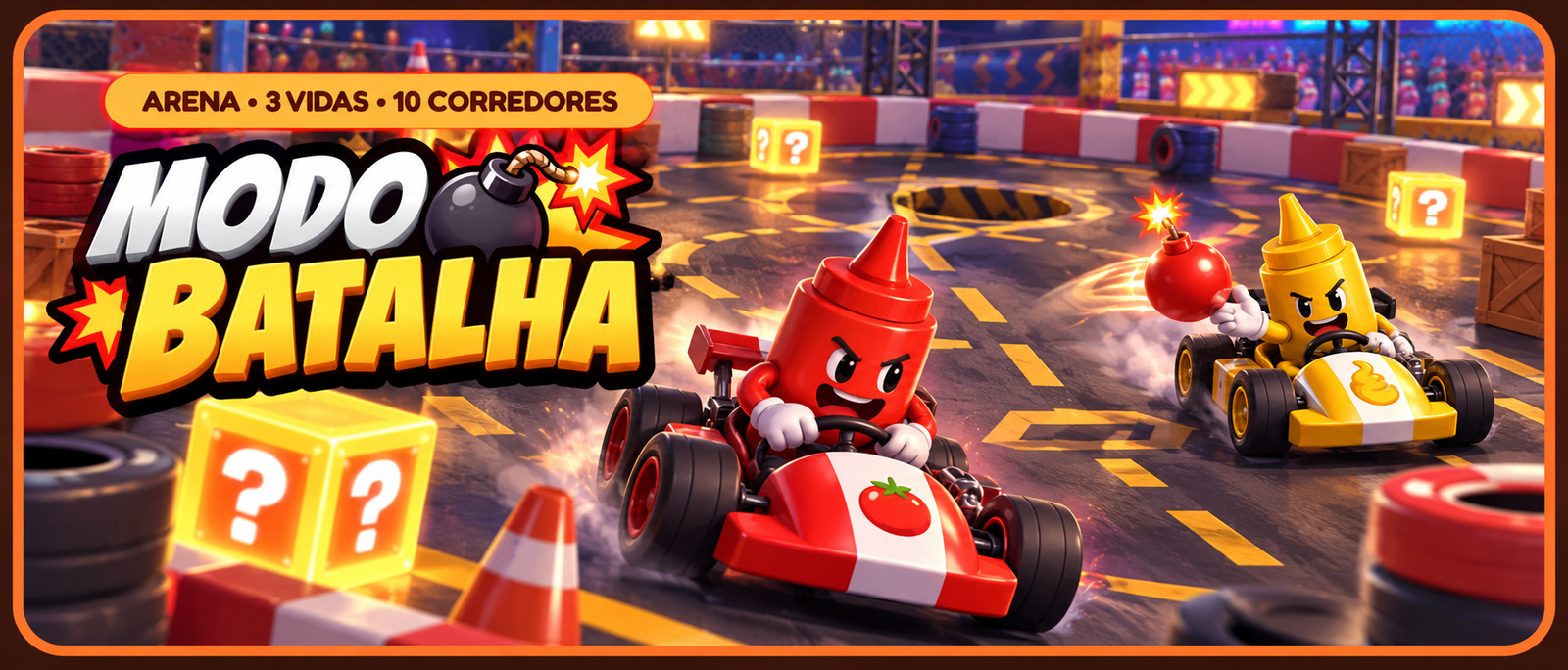 Banner do Modo Batalha: Ketchup e Mostarda disputam uma batalha de karts na arena