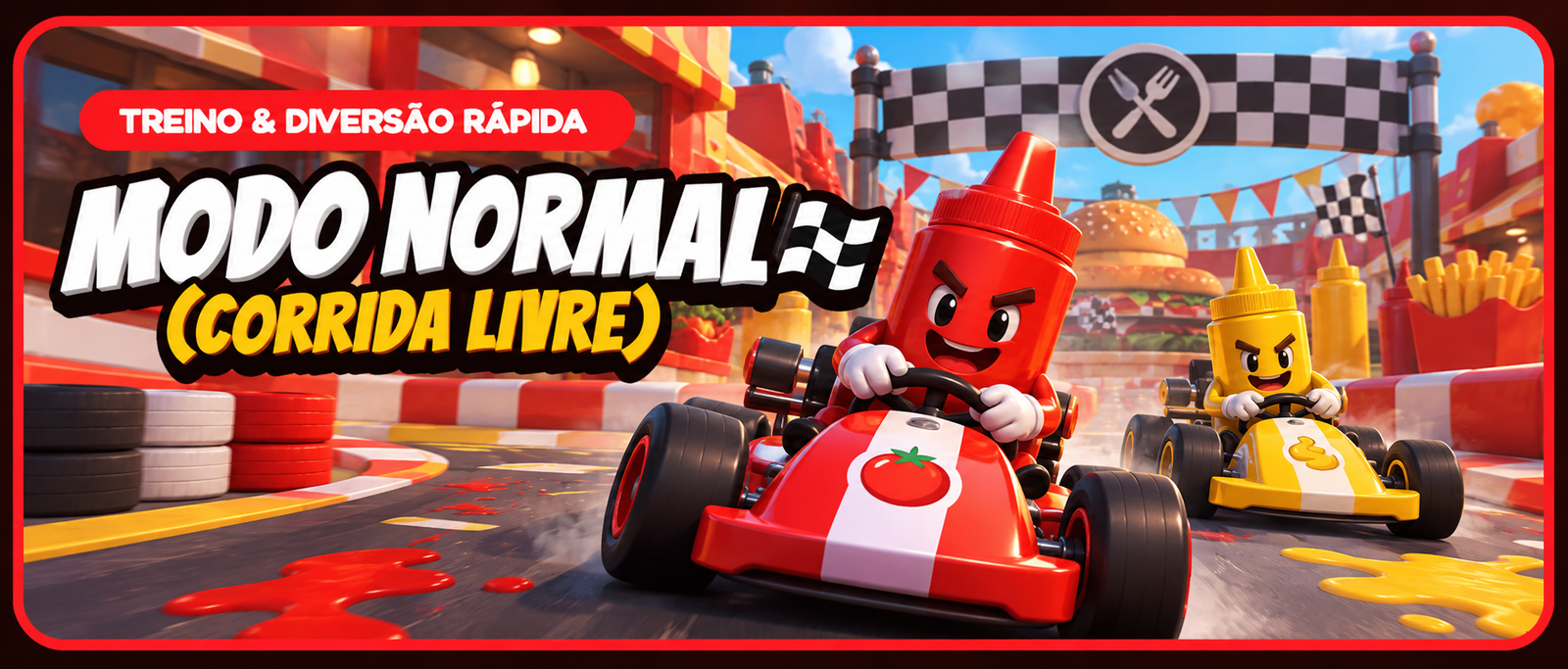 Banner do Modo Normal: Ketchup e Mostarda competem em karts numa pista de corrida